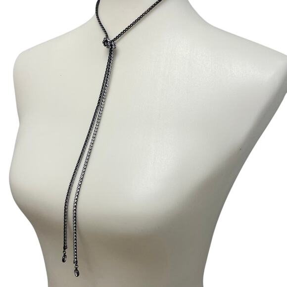 New in Red Gift Box Black Silver Rhinestone Long Knotted Lariat Necklace Jewelry - Picture 2 of 5